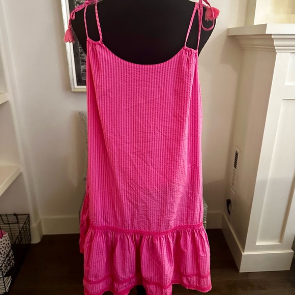 Vineyard Vines Hot Pink Pinstripe Seersucker Mini Dress Shoulder Ties Tassels L - Picture 4 of 5